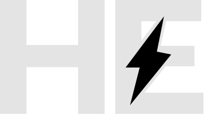 HE in grey letters with electrical spark through 'e'